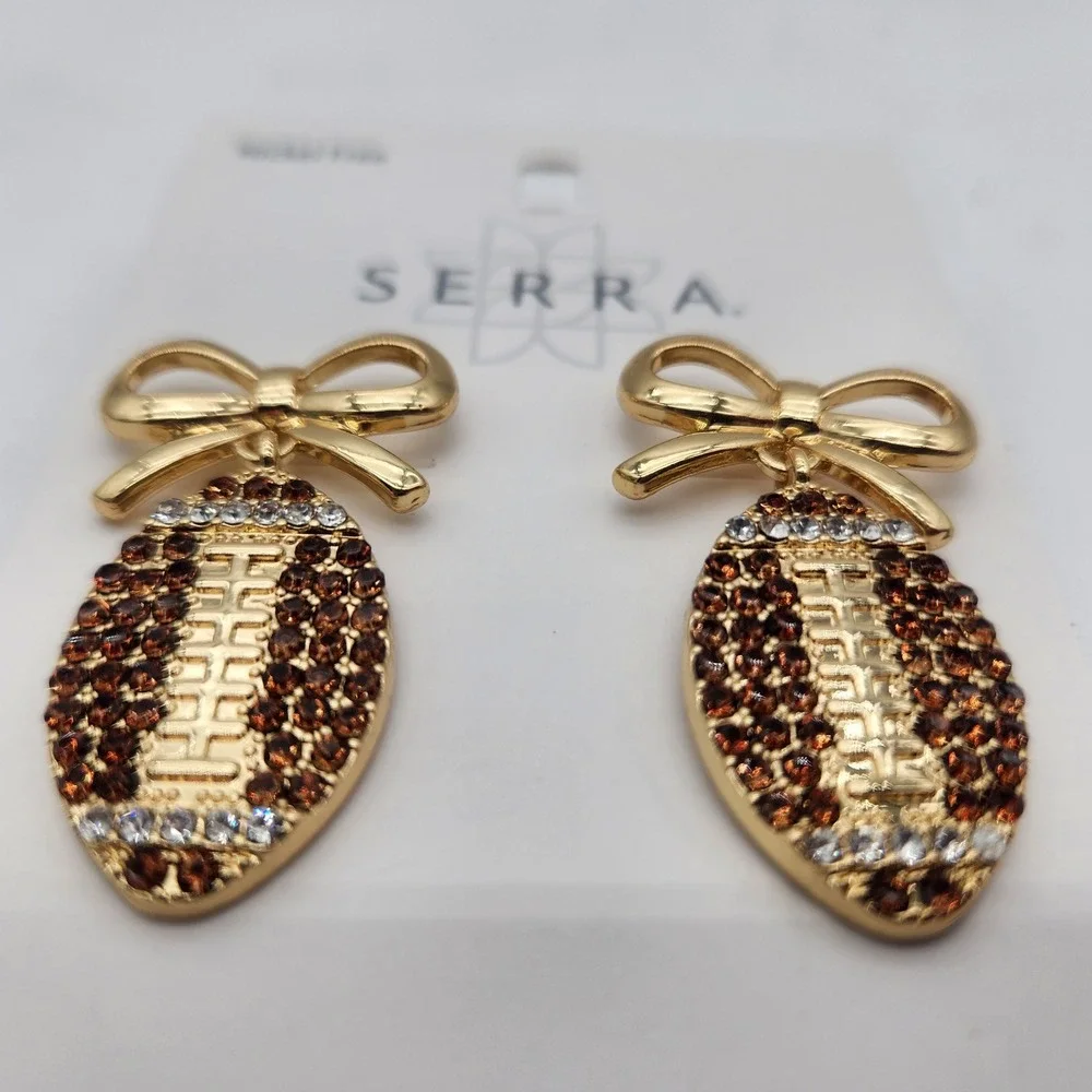 New SERRA Bow Football Earrings Brown Rhinestone Gold Tone‎ Fashion Jewelry NEW